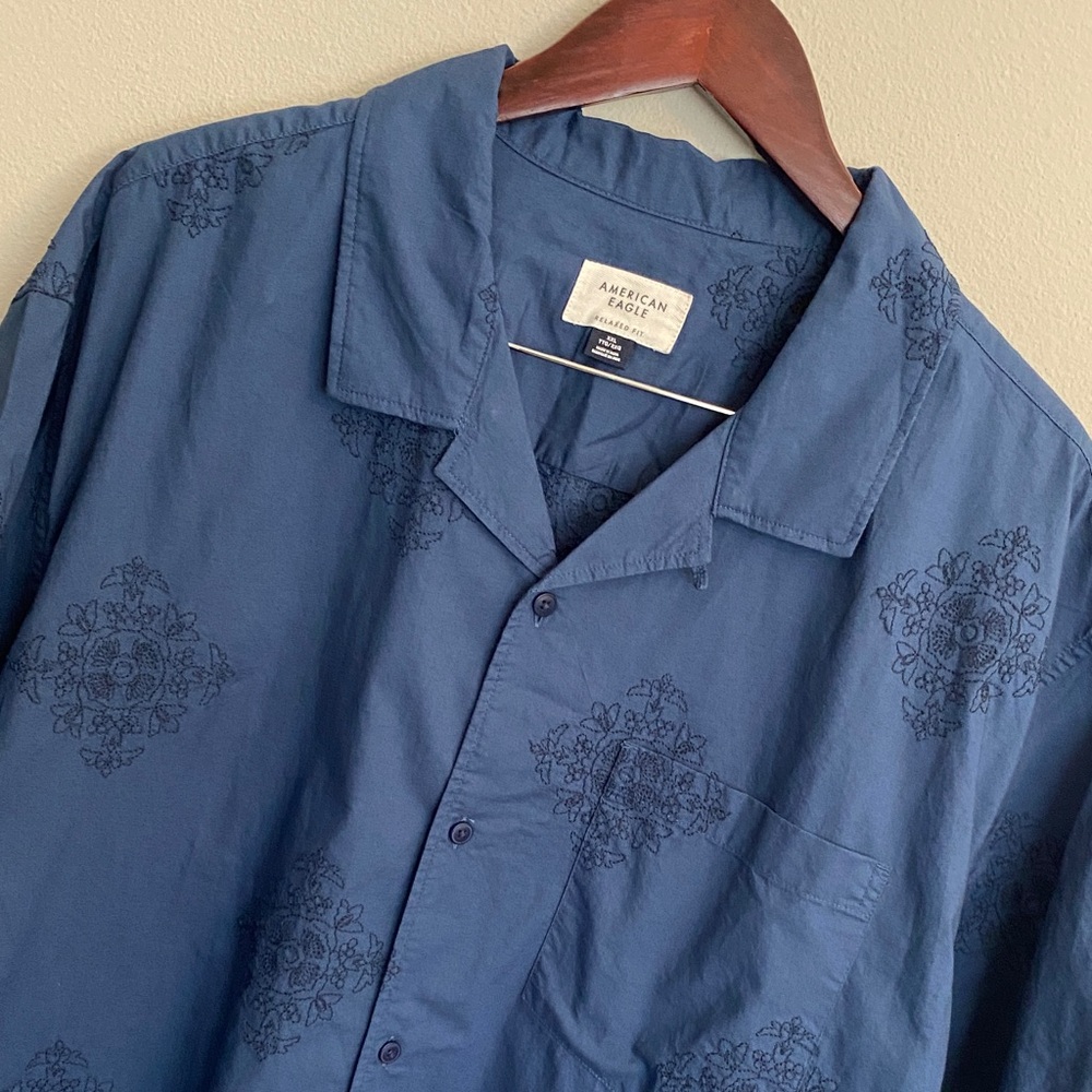 AmericanEagleOutfitters Poolside Linen Blend Blue Embroidered Relaxed Fit Shirt